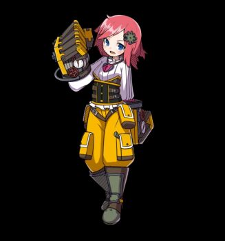 1girl black_background blue_eyes blush boots brown_boots brown_corset corset dianne_(merc_storia) full_body gears hair_ornament heart jewelry long_sleeves mechanical_arms merc_storia merc_storia_art_team necklace official_art open_mouth pants pink_hair shirt simple_background solo standing tachi-e teeth upper_teeth_only v-shaped_eyebrows white_shirt yellow_pants