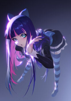 1girl absurdres aqua_eyes back_bow black_dress black_shoes blue_bow blunt_bangs bow colored_inner_hair commentary dress full_body gradient_background highres leaning_forward long_hair looking_at_viewer multicolored_hair panty_&amp;_stocking_with_garterbelt parted_lips purple_hair shoes solo standing stocking_(psg) striped_clothes striped_thighhighs thighhighs tupiao_shaonu