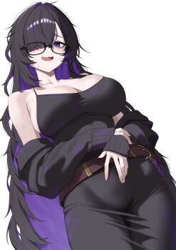 1girl :d absurdly_long_hair belt black_dress black_hair breasts brown_belt cleavage commentary_request dress glasses goddess_of_victory:_nikke hair_over_one_eye highres label_(nikke) large_breasts long_hair messy_hair mole mole_on_breast multicolored_hair off_shoulder open_mouth purple_eyes purple_hair simple_background smile solo sweat taut_clothes taut_dress two-tone_hair very_long_hair wavy_mouth white_background xi_oshir1