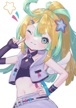 Rule 34 | 1girl, ;3, amakawa hano, aqua eyes, aqua hair, belt, black gloves, black shirt, blonde hair, closed eyes, closed mouth, commentary request, crop top, cropped jacket, detached wings, elbow gloves, eyelashes, finger to cheek, fingerless gloves, gloves, hair between eyes, hair ornament, hand on own hip, jacket, long hair, midriff, multicolored hair, navel, one eye closed, oozumi 03, ponytail, re:act, shirt, shooting star hair ornament, sidelocks, simple background, single elbow glove, single fingerless glove, single wing, sleeveless, sleeveless jacket, sleeveless shirt, smile, solo, split mouth, star (symbol), star hair ornament, two-tone hair, virtual youtuber, white background, white belt, white jacket, wings