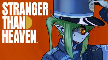 1girl adjusting_clothes adjusting_headwear badge blue_archive blue_hat buttons commentary_request copyright_notice double-breasted earrings epaulettes from_side green_hair hat highres jewelry long_pointy_ears long_sidelocks long_sleeves looking_ahead mandarin_collar nozomi_(blue_archive) parody pointy_ears poster_parody red_background reflection sammh4 shako_cap sidelocks solo stranger_than_heaven sunglasses yellow_eyes