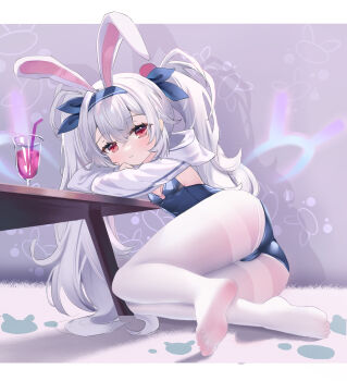 1girl absurdres animal_ears ass azur_lane bendy_straw blue_hairband blue_leotard blue_ribbon breasts cleavage closed_mouth cocktail commentary_request crossed_bangs drinking_straw fake_animal_ears feet grey_hair hair_between_eyes hair_ribbon hairband highres laffey_(azur_lane) laffey_ii_(azur_lane) laffey_ii_(sleepy_on_a_busy_day)_(azur_lane) leotard long_hair lying official_alternate_costume on_side pantyhose rabbit_ears red_eyes ribbon sheng_taoren shrug_(clothing) sitting small_breasts smile soles solo table thighband_pantyhose thighs toes twintails very_long_hair white_pantyhose