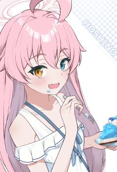 1girl :d ahoge alternate_costume bare_shoulders blue_archive blue_eyes blush breasts cake cake_slice character_name commentary_request dress dual_wielding fang food food_on_face fork frilled_dress frills hair_intakes halo hand_up heterochromia highres holding holding_fork holding_plate hoshino_(blue_archive) huge_ahoge long_hair looking_at_viewer off-shoulder_dress off_shoulder open_mouth pink_hair pink_halo plate simple_background small_breasts smile solo straight_hair sundress tanigawa_kent thick_eyebrows upper_body very_long_hair white_background white_dress yellow_eyes
