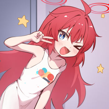 >_o 1girl :d absurdres ahoge arm_at_side blue_archive blue_eyes bright_pupils commentary cowboy_shot fluffy_hair halo hand_up highres hirotaka0125 long_hair long_shirt maki_(blue_archive) maki_(pajamas)_(blue_archive) official_alternate_costume one_eye_closed open_mouth print_shirt red_eyes red_halo shirt single_bare_shoulder sleeveless sleeveless_shirt smile solo standing strap_slip v very_long_hair white_pupils white_shirt