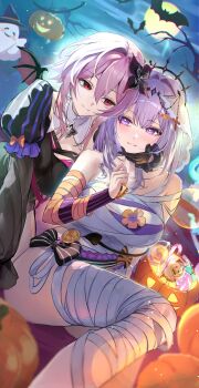 2girls absurdres bandaged_chest bandaged_leg bandages bat_(animal) black_dress black_gloves black_tiara breasts castorice_(honkai:_star_rail) commentary dress english_commentary evernight_(honkai:_star_rail) flower ghost gloves hair_flower hair_ornament halloween halloween_bucket halloween_costume hand_on_another&#039;s_cheek hand_on_another&#039;s_face highres honkai:_star_rail honkai_(series) large_breasts long_hair march_7th_(honkai:_star_rail) multiple_girls mummy_costume night night_sky otabaaa pink_hair pumpkin purple_eyes purple_hair red_eyes sky smile thighs tiara very_long_hair yuri