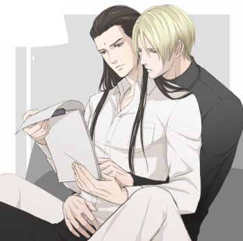 2boys bindi black_hair black_sweater blonde_hair blue_eyes closed_mouth collar collarbone final_fantasy final_fantasy_vii final_fantasy_vii_remake hand_on_another's_waist holding holding_paper lamp long_hair looking_at_object male_focus multiple_boys paper parted_lips rufus_shinra shirt short_hair simple_background sitting square_enix sweater tseng turks_(ff7) turtleneck white_shirt wing_collar yaoi