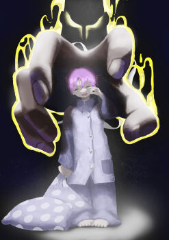 Rule 34 | 1girl, absurdres, aura, barefoot, darkstalkers, demitri maximoff, drooling, giant hand, highres, holding, holding pillow, lilith (darkstalkers), midnight bliss, mouth drool, nojob hiro, official alternate costume, pajamas, pillow, purple hair, rubbing eyes, short hair