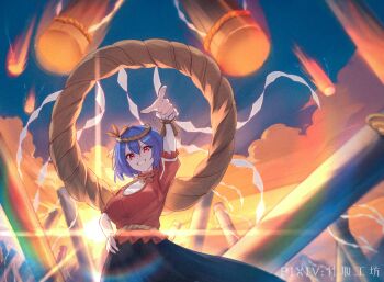 1girl arm_up black_skirt blue_hair breasts flare hair_ornament highres index_finger_raised leaf leaf_hair_ornament looking_at_viewer maple_leaf medium_hair onbashira red_eyes red_shirt shirt short_hair skirt solo touhou zhuqugongfang