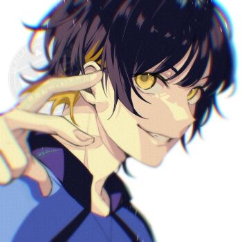 Rule 34 | 1boy, bachira meguru, black hair, blue lock, commentary request, grin, highres, looking at viewer, male focus, multicolored hair, portrait, short hair, simple background, smile, soccer uniform, solo, sportswear, streaked hair, tsukky, twitter username, two-tone hair, white background, yellow eyes