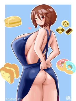 1girl 2channel alternate_breast_size_(larger) apron back blue_apron blue_background blush bread breasts brown_hair checkerboard_cookie commentary_request cookie cowboy_shot dated donut food from_behind green_eyes grin heart heterochromia highres huge_breasts itini-sanshi looking_at_viewer looking_back naked_apron pancake red_eyes rozen_maiden short_hair sideboob simple_background smile solo souseiseki tying_apron white_background yaruo