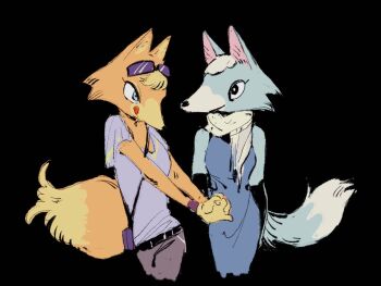 2girls animal_crossing audie_(animal_crossing) bag belt black_background black_belt black_gloves blue_dress blue_fur bracelet commentary cropped_legs dress elbow_gloves english_commentary eyewear_on_head furry furry_female gloves jewelry looking_at_another multiple_girls nintendo orange_fur own_hands_together purple_shirt scarf shirt short_sleeves shoulder_bag simple_background skye_(animal_crossing) sleeveless sleeveless_dress sunglasses swept_bangs tail tongue tongue_out white_fur white_scarf wolf wolf_girl youriliquid