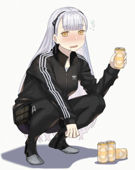 1girl adidas ak-alfa_(girls&#039;_frontline) alcohol alternate_costume asakiri_koko beer beer_can black_boots black_jacket black_pantyhose blunt_bangs blush boots can center-flap_bangs commentary_request drink drink_can full-face_blush full_body girls&#039;_frontline highres holding holding_can holding_drink jacket long_hair long_sleeves open_mouth pantyhose saliva shadow simple_background slav_squatting solo squatting thigh_boots track_jacket track_suit very_long_hair white_background white_hair yellow_eyes