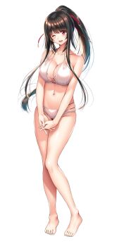 1girl amakano_2 bare_legs bare_shoulders barefoot blush breasts brown_hair cleavage collarbone full_body groin high_ponytail kurohime_yuuhi large_breasts large_variant_set legs long_hair long_sidelocks looking_at_viewer navel official_art one_eye_closed open_mouth own_hands_together piromizu ponytail red_eyes shirt sidelocks simple_background smile solo standing stomach tachi-e thighs variant_set white_background