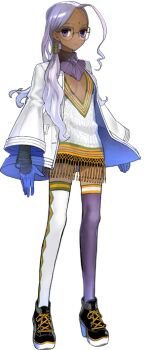 10s 1girl ahoge bindi breasts center_opening cleavage dark-skinned_female dark_skin facial_mark fate/extra fate/stay_night fate_(series) female_focus flat_chest forehead_mark full_body glasses gradient_hair multicolored_hair official_art purple_eyes purple_hair rani_viii small_breasts solo standing thighhighs transparent_background wada_arco zettai_ryouiki