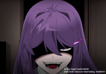 Rule 34 | 1girl, :d, collared shirt, commentary request, constricted pupils, doki doki literature club, evil grin, evil smile, game screenshot background, glaring, grey jacket, grin, hair between eyes, hair over shoulder, highres, indoors, jacket, long hair, long sidelocks, looking at viewer, narrowed eyes, open mouth, partially shaded face, purple eyes, purple hair, screenshot background, shirt, sidelocks, smile, tyaaaaaaba, upper body, white shirt, yuri (doki doki literature club)