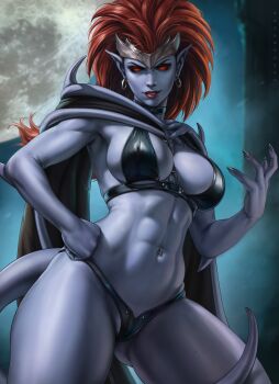 1girl abs absurdres artist_name breasts colored_skin commentary dandon_fuga demona earrings english_commentary gargoyles grey_skin hand_on_own_hip highres hoop_earrings jewelry lips moon navel_piercing piercing pointy_ears red_eyes red_hair red_lips solo tail