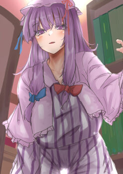 1girl absurdres blush book bookshelf breasts collarbone commentary_request dress from_below hair_ribbon hat highres kuraki large_breasts leaning_forward long_hair looking_at_viewer mob_cap parted_lips patchouli_knowledge pink_robe purple_dress purple_eyes purple_hair ribbon robe solo striped_clothes striped_dress thighs touhou