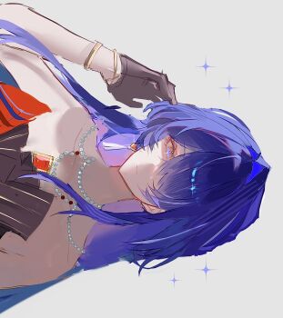 Rule 34 | 1girl, acheron (honkai: star rail), acheron (star rail live 2025) (honkai: star rail), bare shoulders, bracelet, diamond-shaped pupils, diamond (shape), dress, earrings, gem, gloves, hair over one eye, hand up, hashtag-only commentary, highres, honkai: star rail, honkai (series), irzm30, jewelry, long hair, necklace, official alternate costume, pearl necklace, purple eyes, purple hair, red gem, simple background, single earring, sleeveless, sleeveless dress, sparkling eyes, symbol-shaped pupils