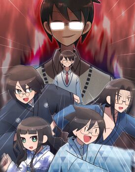 Rule 34 | 1girl, 4boys, :d, ahoge, black hair, black kimono, blunt bangs, brother and sister, brothers, closed eyes, collared shirt, commentary, fiery background, fire, fleeing, glasses, glowing glasses, green eyes, grin, highres, itoshiki enishi, itoshiki kei, itoshiki mikoto, itoshiki nozomu, itoshiki rin, japanese clothes, kimono, long hair, motion lines, multiple boys, necktie, open mouth, running, samue, sayonara zetsubou sensei, shirt, siblings, smile, speed lines, sweater vest, tomato ebichiri, zoom layer