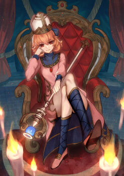 1girl absurdres bare_legs brown_hair candle commission crossed_legs dress fire_emblem fire_emblem_echoes:_shadows_of_valentia full_body genny_(fire_emblem) highres holding holding_staff jewelry long_sleeves looking_at_viewer necklace nintendo parted_lips pink_dress red_eyes short_hair sitting sitting_on_throne skeb_commission smile solo staff teo_(telo_ruka) throne
