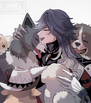 Rule 34 | 1boy, ashveil (honkai: star rail), black hair, black shirt, ca ru cca, closed eyes, commentary, dog, fedora, gloves, gradient hair, hat, honkai: star rail, honkai (series), jacket, jewelry, long hair, male focus, multicolored hair, necklace, shirt, single glove, solo, tooth necklace, turtleneck, untranslatable commentary, white gloves, white hair, white hat, white jacket