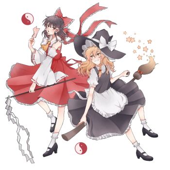 Rule 34 | 2girls, apron, ascot, black hat, black shoes, black skirt, black vest, blonde hair, blush, bow, braid, broom, broom riding, brown hair, chinese commentary, commentary request, detached sleeves, frilled bow, frilled hair tubes, frilled skirt, frills, full body, gohei, grin, hair bow, hair tubes, hakurei reimu, hat, hat bow, high heels, hitte5416, holding, holding gohei, holding ofuda, kirisame marisa, long hair, mini-hakkero, multiple girls, ofuda, orb, red bow, red eyes, red skirt, ribbon-trimmed sleeves, ribbon trim, shoes, side braid, simple background, single braid, skirt, skirt set, smile, socks, star (symbol), touhou, vest, waist apron, white apron, white background, white bow, white socks, witch hat, yellow ascot, yellow eyes, yin yang, yin yang orb