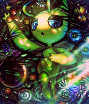 Rule 34 | 8686island, berry (pokemon), blue eyes, celebi, colored skin, commentary request, dappled sunlight, fairy wings, flower, flower pot, gen 2 pokemon, green skin, highres, legendary pokemon, looking at viewer, lying, mythical pokemon, nintendo, no humans, on back, open mouth, oran berry, plant, pokemon, pokemon (creature), pokemon focus, potted plant, sunlight, variant set, watering can, wings