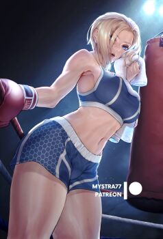 1girl adapted_costume blonde_hair blue_eyes boxing_gloves boxing_ring breasts cammy_white capcom english_text female_focus large_breasts lips looking_at_viewer mystra77 navel open_mouth punching_bag shorts solo sports_bra street_fighter street_fighter_6 towel