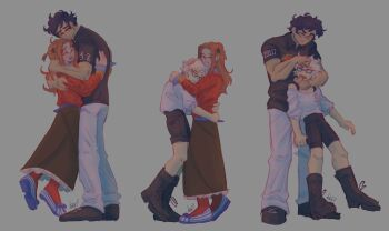 Rule 34 | 1boy, 2girls, bare shoulders, black boots, black hair, black shirt, black shoes, black shorts, blue eyes, blue shoes, blush, boots, bow, brown skirt, closed eyes, closed mouth, collared shirt, commentary, diana (kyokugen dasshutsu), english commentary, footwear bow, freckles, full body, grey background, height difference, high-waist shorts, highres, hug, kyokugen dasshutsu, long hair, long skirt, long sleeves, mismatched eyebrows, multiple girls, multiple views, no sclera, noogie, open mouth, orange hair, pants, pantyhose, pelmendraws, phi (kyokugen dasshutsu), red pantyhose, red sweater, shirt, shoelaces, shoes, short hair, short sleeves, shorts, sigma (kyokugen dasshutsu), signature, simple background, skirt, smile, standing, sweater, teeth, upper teeth only, very short hair, white hair, white pants, white shirt, zero escape: toki no dilemma