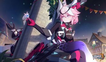 2girls animal_ears breasts candy chinese_commentary crossed_arms eyeliner food highres holding holding_candy holding_food honkai_(series) honkai_impact_3rd house kallen_kaslana kallen_kaslana_(sundenjager) large_breasts logo long_sleeves makeup mask mask_on_head multicolored_hair multiple_girls night official_alternate_costume official_art official_wallpaper open_hand outdoors pink_eyeliner plant purple_eyes sharing sitting sky smile solo_focus streaked_hair tight_clothes yae_kasumi yae_kasumi_(neon_shade) yae_sakura yuri