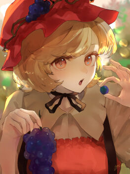 1girl absurdres aki_minoriko apron black_choker blonde_hair blurry blurry_background bokeh choker collared_shirt commentary_request depth_of_field eneshi food fruit grape_hat_ornament grapes hat highres holding holding_food holding_fruit looking_at_viewer mob_cap open_mouth orange_apron orange_eyes orange_hat ribbon_choker shirt short_hair solo touhou upper_body yellow_shirt