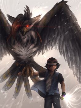 1boy absurdres ash_ketchum baseball_cap beak bird colored_sclera commentary english_commentary gen_4_pokemon hat highres mega_pokemon mega_staraptor nintendo pokemegha pokemon pokemon_(anime) pokemon_(creature) pokemon_journeys pokemon_legends:_z-a red_eyes red_hat shirt sleeveless sleeveless_jacket staraptor t-shirt
