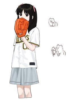 Rule 34 | 1girl, animification, baseball glove, baseball jersey, basil (wgh0anzdple3asf), black hair, cat, fujishima megumi, grey skirt, hasu no sora school uniform, highres, jersey, link! like! love live!, looking at viewer, love live!, medium skirt, pleated skirt, real life, school uniform, shirt, short sleeves, simple background, skirt, solo, summer uniform, tsukine kona, two side up, voice actor, white background, white shirt