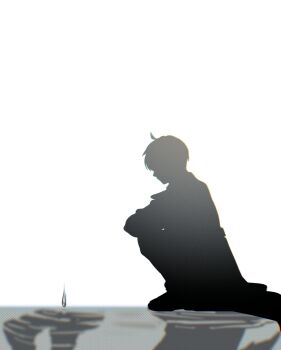 1boy 1other akigawasou coat different_reflection faceless full_body highres hugging_own_legs kim_dokja omniscient_reader&#039;s_viewpoint reflection reflective_liquid ripples shadow short_hair silhouette sitting water_drop yoo_joonghyuk