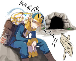 Rule 34 | 1boy, backpack, bag, blonde hair, blue jumpsuit, boots, brown bag, brown footwear, cave, commentary request, creatures (company), crying, game freak, gen 2 pokemon, grass, grin, hair over one eye, hat, highres, jumpsuit, long sleeves, looking back, male focus, nintendo, own hands together, pokemon, pokemon (creature), pokemon legends: arceus, rock, shigeru (tezx2228), sign, sitting, smile, teeth, togepi, translation request, volo (pokemon), yellow eyes