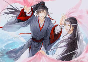 2boys absurdres black_hair black_hanfu brown_eyes chinese_clothes closed_mouth couple floating_hair hair_ribbon hand_up hanfu headband high_ponytail highres holding_hands holding_veil lan_wangji light_particles long_hair long_sleeves looking_at_viewer looking_back male_focus modao_zushi multiple_boys parted_lips pink_veil ponytail red_ribbon red_sash ribbon robe sash smile standing upper_body veil very_long_hair wading water watermark wei_wuxian weibo_watermark white_hanfu white_headband wide_sleeves wusuoyu566 yaoi yellow_eyes