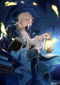 1boy absurdres alkaid_mcgrath alkaid_mcgrath_(godheim) analog_clock ascot black_cape black_footwear blonde_hair book book_stack cape clock closed_mouth collared_shirt feet_out_of_frame fold-over_boots from_below gloves green_eyes grey_vest hair_between_eyes half_gloves highres holding holding_book holding_lantern knee_up lantern long_sleeves looking_at_object lovebrush_chronicles luo_bu_yu male_focus medium_hair open_book pants puffy_long_sleeves puffy_sleeves shirt side_cape sitting sky solo star_(sky) starry_sky vest watermark weibo_watermark white_ascot white_gloves white_pants white_shirt