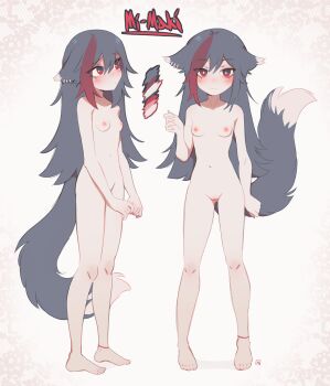 1girl absurdres animal_ears anklet blush breasts cat_ears cat_girl cat_tail character_name color_guide completely_nude ear_piercing earrings full_body highres jewelry loli mi-maki miss_makima multicolored_hair multiple_views nude original piercing pussy red_eyes reference_sheet small_breasts smile standing streaked_hair tail teeth white_background wolf_ears wolf_girl wolf_tail