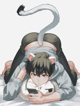 1boy :/ absurdres animal_ears barefoot black_hair black_pants character_pillow commentary full_body furry furry_male highres holding holding_phone hood hood_down hoodie kim_dokja long_sleeves looking_at_viewer male_focus midriff mouse_boy mouse_ears mouse_tail omniscient_reader's_viewpoint pants papercider phone short_hair solo symbol-only_commentary tail top-down_bottom-up white_hoodie yoo_joonghyuk yoo_joonghyuk_(999th_turn)