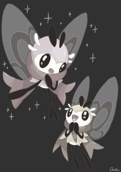 Rule 34 | absurdres, artist name, bowing, bug, commentary request, eye contact, gen 7 pokemon, highres, looking at another, nintendo, no humans, ouran, own hands together, pokemon, pokemon (creature), ribombee, simple background, sparkle