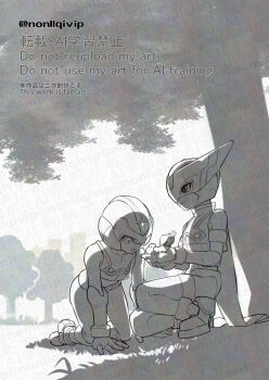 Rule 34 | 2boys, bird, grey background, greyscale, hidden phantom (mega man), male focus, mega man (series), mega man zero (series), monochrome, multiple boys, ninja, outdoors, scarf, tree, twitter username, watermark, x (mega man), yamanashi taiki