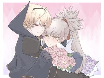 2boys armor black_armor black_hairband blonde_hair cape fire_emblem fire_emblem_fates grey_hair hair_ribbon hairband highres japanese_clothes leo_(fire_emblem_fates) long_hair male_focus multiple_boys nintendo nknaxs orange_eyes ponytail red_eyes red_ribbon ribbon takumi_(fire_emblem) yaoi