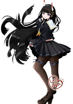 1girl :o absurdres azur_lane black_hair black_serafuku black_skirt demon_girl demon_horns expressionless eyeshadow floating_hair from_side full_body gradient_neckerchief hair_ornament hairclip hand_up highres horns long_hair long_sleeves looking_at_viewer looking_back makeup miniskirt neckerchief noshiro_(azur_lane) oni open_mouth pants pleated_skirt purple_eyes red_eyeshadow sailor_collar school_uniform serafuku shiranuinuiko skirt skirt_hold solo standing very_long_hair white_neckerchief white_sailor_collar x_hair_ornament yellow_neckerchief