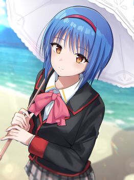 1girl black_jacket blue_hair bow bowtie brown_eyes closed_mouth collared_shirt commentary cowboy_shot day eyelashes eyes_visible_through_hair grey_skirt hair_between_eyes hairband highres holding holding_umbrella jacket little_busters! little_busters!_school_uniform long_sleeves looking_at_viewer medium_hair miniskirt nishizono_mio ocean outdoors parasol pink_bow pink_bowtie plaid_clothes plaid_skirt pleated_skirt red_hairband rrtp school_uniform shadow shirt skirt smile solo split_mouth straight_hair umbrella white_shirt white_umbrella
