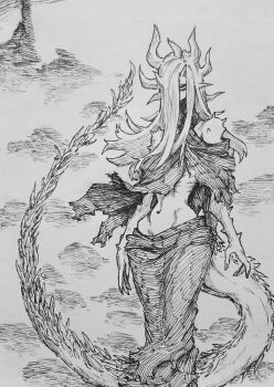 1girl absurdres bare_shoulders caligo_miasma_of_night chronozbergh claws commentary criss-cross_halter crosshatching dragon_girl dragon_horns dragon_tail elden_ring elden_ring_nightreign english_commentary feet_out_of_frame greyscale hair_over_one_eye halterneck hatching_(texture) highres horns humanization linear_hatching long_hair monochrome shoulder_spikes simple_background solo spikes tail wide_hips wings