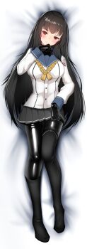 Rule 34 | 1girl, black bodysuit, black skirt, black thighhighs, bodysuit, bodysuit under clothes, breasts, brown hair, dakimakura (medium), full body, isokaze (kancolle), jacket, kantai collection, katsuten, long hair, looking at viewer, lying, medium breasts, on back, red eyes, shiny clothes, single thighhigh, skirt, smile, solo, thighhighs, very long hair, white jacket