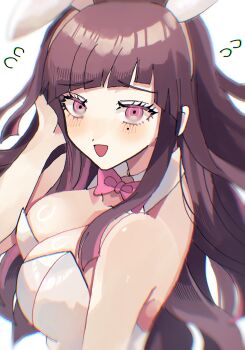 1girl bare_shoulders blush bow bowtie breasts danganronpa_(series) danganronpa_2:_goodbye_despair from_side hakumai_(mgmg_okomee) highres large_breasts leotard long_hair looking_at_viewer mole mole_under_eye open_mouth pink_bow pink_bowtie shiny_skin solo tsumiki_mikan white_leotard