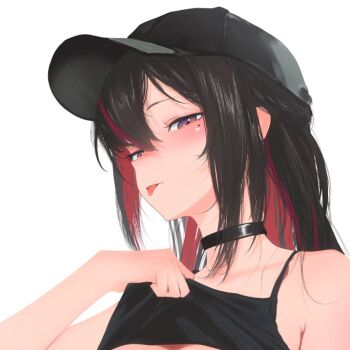 1girl alternate_costume azki_(hololive) baseball_cap black_camisole black_choker black_hair black_hat blush camisole camisole_lift choker clothes_lift cohi27151463 colored_inner_hair commentary hair_between_eyes half-closed_eyes hat hololive lifting_own_clothes long_hair looking_at_viewer mole mole_under_eye multicolored_hair out-of-frame_censoring paid_reward_available portrait purple_eyes red_hair simple_background sleeveless solo tongue tongue_out two-tone_hair virtual_youtuber white_background