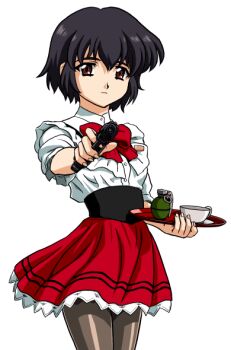 Rule 34 | 1girl, aiming, aiming at viewer, bandabekken, black hair, bow, bowtie, bronze parrot, brown eyes, closed mouth, cummerbund, cup, explosive, expressionless, finger on trigger, frilled shirt, frills, grenade, gun, handgun, holding, holding gun, holding tray, holding weapon, miniskirt, noir (anime), pantyhose, pleated skirt, red bow, red bowtie, red skirt, saucer, shirt, short hair, simple background, skirt, solo, standing, teacup, tray, waitress, weapon, white background, white shirt, yuumura kirika