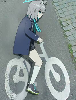 1girl absurdres animal_ear_fluff animal_ears aqua_scarf blue_archive blue_eyes blue_halo blue_jacket blue_scarf grey_hair hair_ornament halo highres jacket kai_xin road road_sign scarf shiroko_(blue_archive) sign solo street wolf_ears